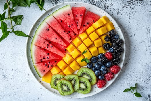 Vibrant and colorful fruit platter showcasing neatly arranged slices of watermelon, kiwi, mango, and fresh berries. the simple background enhances the visual appeal, making it ideal for health-related themes, menus, or summer designs.