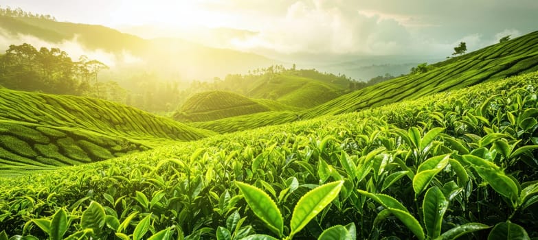 Vibrant rows of green tea bushes span across the hills, capturing the essence of sustainable agriculture beneath a bright sky. the tranquil landscape offers space for eco-friendly messages, reflecting harmony with nature.