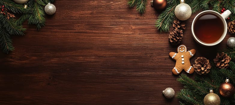 Cozy holiday setup featuring a steaming cup of tea surrounded by gingerbread cookies, pine branches, and ornaments. warm wooden table setting with soft, blurred lights in the background creating a festive and inviting atmosphere.