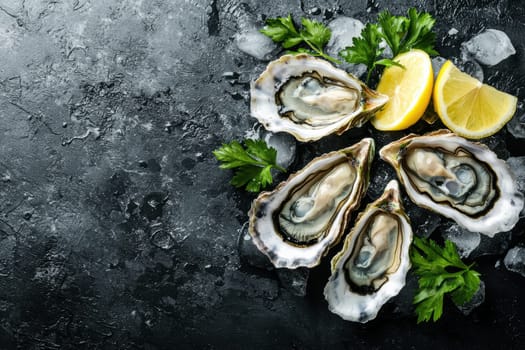 Fresh oysters served on ice, elegantly garnished with lemon wedges and parsley, ideal for gourmet dining settings. the vibrant colors and textures emphasize the culinary sophistication, perfect for high-end restaurant promotions or menus.