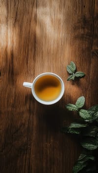 A minimalist composition featuring a freshly brewed cup of green tea in a white teacup on a wooden table. nearby, a sprig of mint adds a touch of nature. the arrangement exudes tranquility and simplicity, perfect for relaxation concepts.