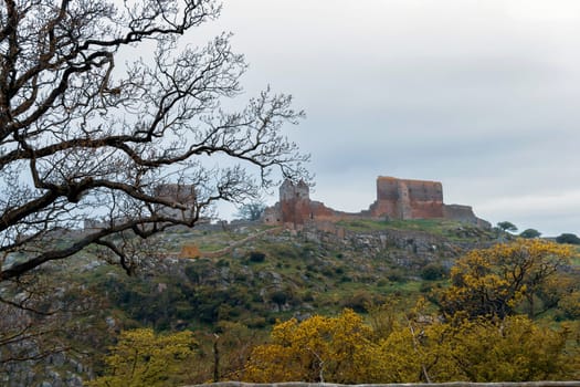 Beautiful view of ancient ruins Hammershus in cloudy weather on the island Bornholm, Denmark. High quality photo
