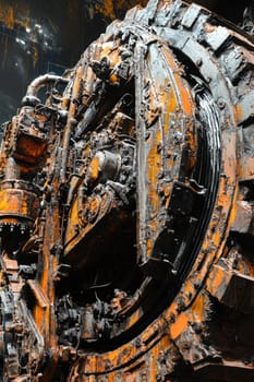 Close-up of a large diesel tractor engine showcasing intricate metal components with oil-tinted surfaces. the detailed machinery glistens under bright shop lights, the complexity and robustness of heavy-duty agricultural equipment.