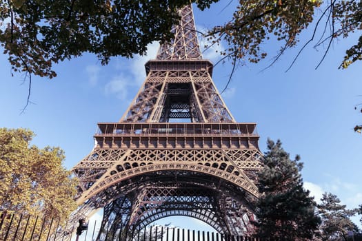 The view of Eiffel tower with blue sky. High quality photo
