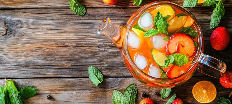 Top-down view of a vibrant iced tea pitcher filled with an array of sliced fruits, ice cubes, and fresh mint leaves, set on a wooden outdoor table. the composition is bright and inviting, making it ideal for summer-themed designs.