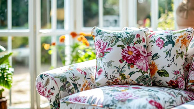 Colorful pillows on sofa against glass wall of window in a winter garden or conservatory. Interior textile concept. High quality photo