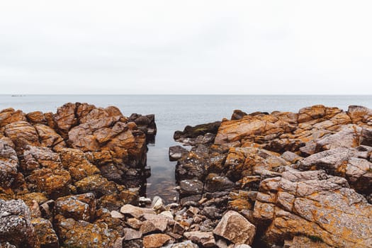 Coast line of sea. Stones covered with yellow and green moss and cloudy sky. Beautiful landscape.