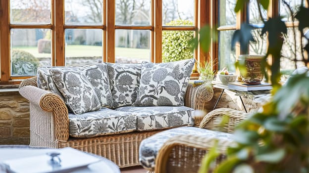 Colorful pillows on sofa against glass wall of window in a winter garden or conservatory. Interior textile concept. High quality photo