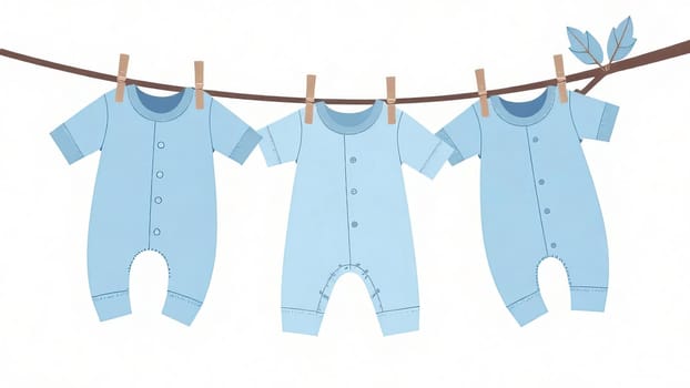 Pastel blue baby outfits hang on a line. Gender reveal party, motherhood.