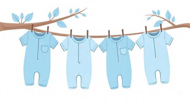 Pastel blue baby outfits hang on a line. Gender reveal party, motherhood.
