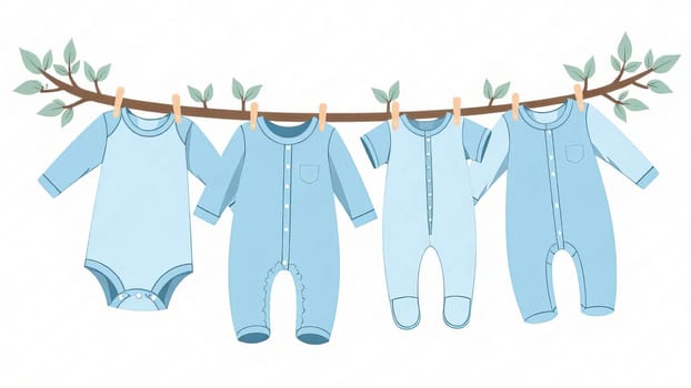 Pastel blue baby outfits hang on a line. Gender reveal party, motherhood.