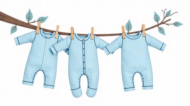 Pastel blue baby outfits hang on a line. Gender reveal party, motherhood.