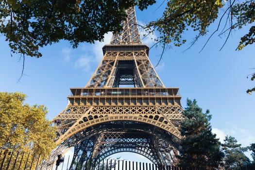 The view of Eiffel tower with blue sky. High quality photo