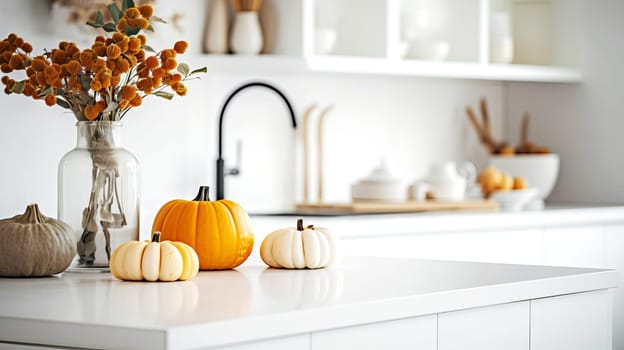 Fall decor in a modern white kitchen. Selective focus. AI generated.