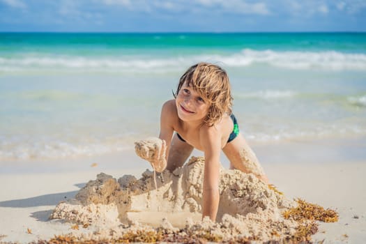 Young boy's pure delight as he explores the sandy playground of the beach, shaping dreams with grains of sand.