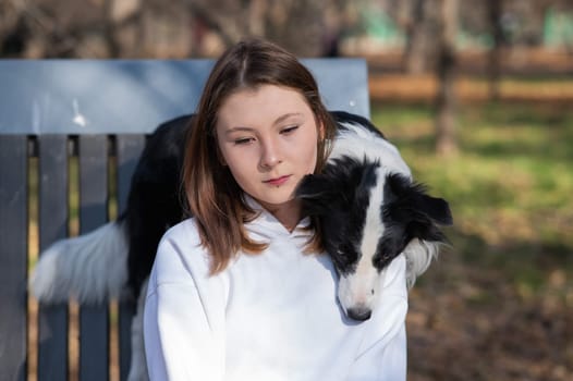 Caucasian woman hugging her dog Border Collie while sitting on a bench in autumn park