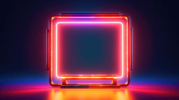 Glowing neon square frame over abstract landscape. Generative AI image weber.