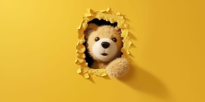 Cute Teddy Bear peeking out of a hole in wall, torn hole, empty copy space frame, mockup. Generative AI image weber.