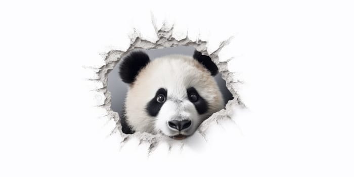 Cute Panda peeking out of a hole in wall, torn hole, empty copy space frame, mockup. Generative AI image weber.