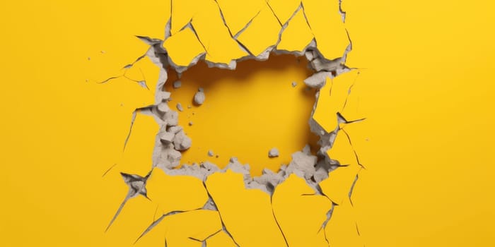 Breaking out of a hole in solid Yellow wall, torn hole, empty copy space frame, mockup. Generative AI image weber.