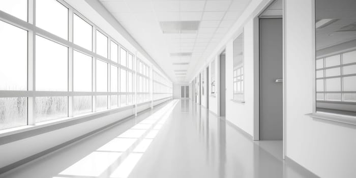 Hospital corridor with windows, in the style of bokeh, light gray, bauhaus, light white, skillful. Generative AI image weber.