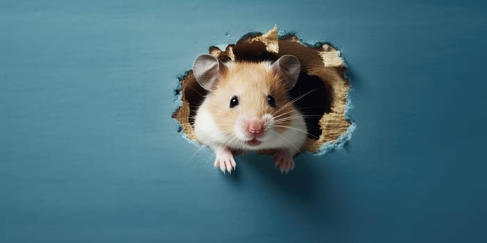 Cute Hamster peeking out of a hole in wall, torn hole, empty copy space frame, mockup. Generative AI image weber.