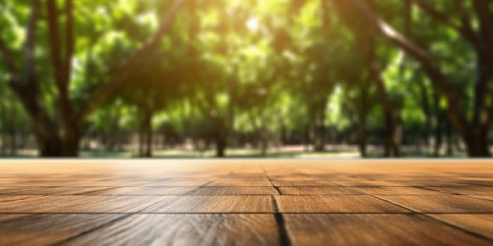 wooden floor and blurred tree forest on behing background. Generative AI image weber.