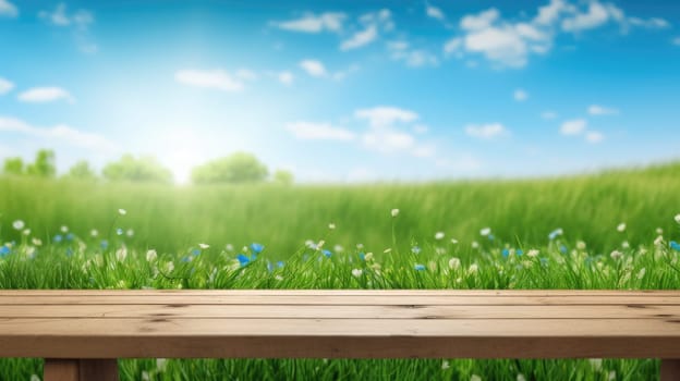 A natural spring garden background of fresh green grass with a bright blue sunny sky with a wooden table. Generative AI image weber.