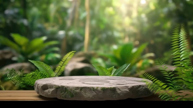 Empty stone table for product advertising display in fresh green jungle blur background. Generative AI image weber.