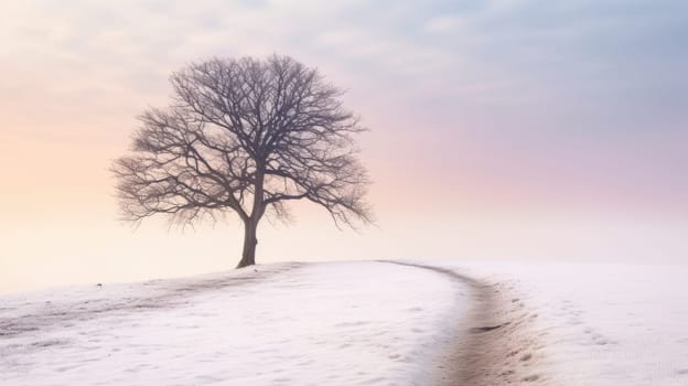 Lone lonely tree in winter snow and lake solitude, minimalist. Generative AI image weber.