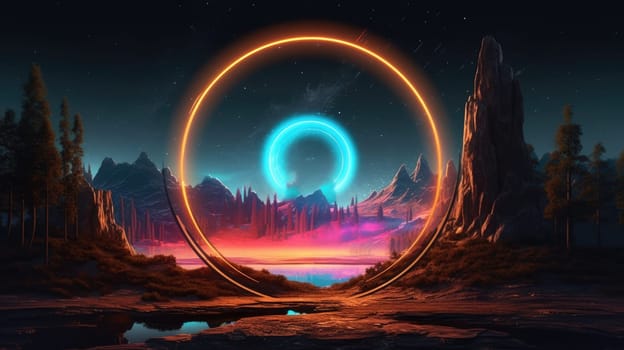 Glowing neon circle frame over abstract landscape. Generative AI image weber.