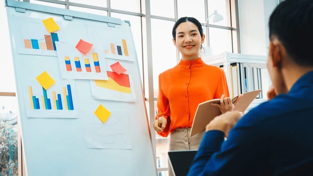 Young woman explains business data on white board in casual office room . The confident Asian businesswoman reports information progress of a business project to partner to determine strategy . Jivy