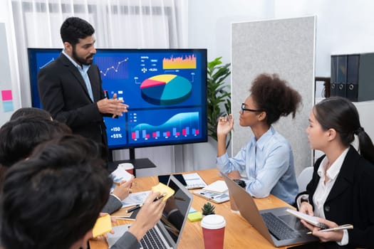 Businessman presenting data analysis dashboard display on TV screen in modern meeting for marketing strategy. Business presentation with group of business people in conference room. Concord