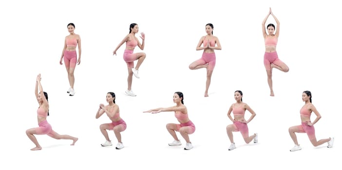 Collection of yoga exercise in different various yoga posture with athletic woman in different various exercise posing sequence in full body studio shot on isolated background. Vigorous