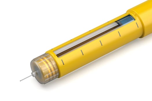 Close up of yellow insulin pen on white background