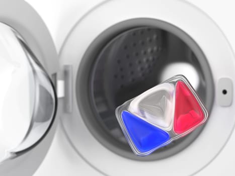 Laundry detergent pod in front of washing machine