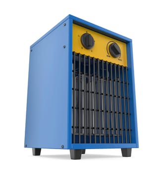 Blue industrial electric fan heater on white background