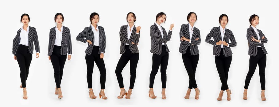 Different pose of same Asian woman full body portrait set on white background wearing formal business suit in studio collection . Jivy