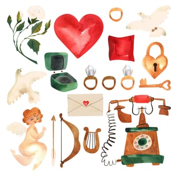 Valentine's day clip art set in vintage style. Cupid, doves, letters, heart, antique telephone, rings, ring box and pillow, white rose, key and heart-shaped lock. Isolated watercolor illustration
