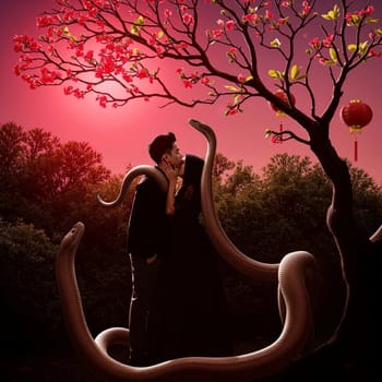 two snakes, lovers couple young people, red background tree China New Year, Valentine's Day. High quality photo