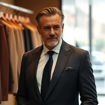 elegant man in fashionable jacket, men's luxury clothing store, fashion shopping, manager. High quality photoelegant man portrait in fashionable jacket, white shirt with tie, men's luxury clothing store, fashion shopping, manager