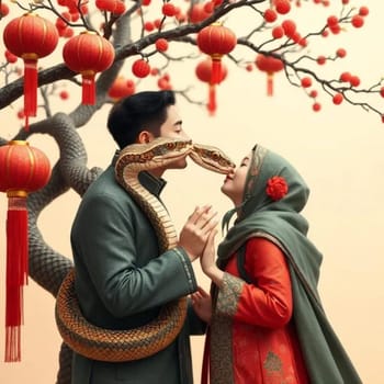 two snakes, people in love, chinese new year holiday red lanterns. High quality illustration