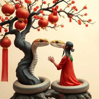 two snakes, people in love, chinese new year holiday red lanterns. High quality illustration