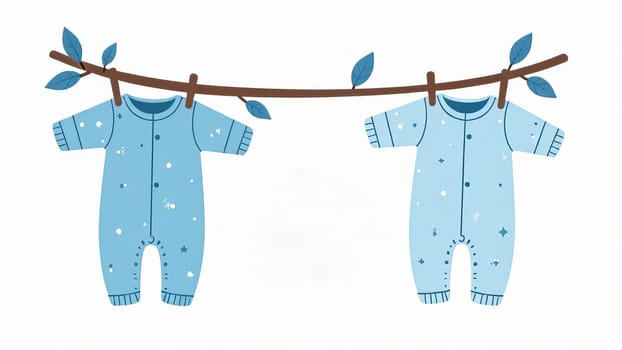Pastel blue baby outfits hang on a line. Gender reveal party, motherhood. Copy space.