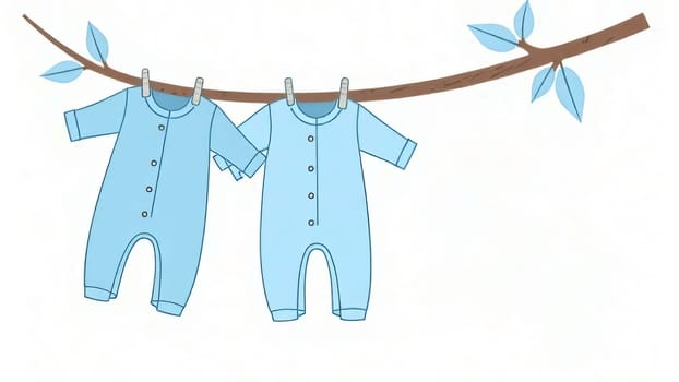 Pastel blue baby outfits hang on a line. Gender reveal party, motherhood. Copy space.