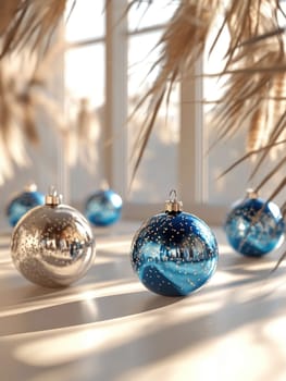 Festive blue and silver ornaments on sunlit table reflecting holiday cheer.