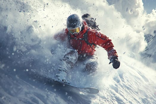 A snowboarder in a ski suit goes down a mountain during a snow storm.