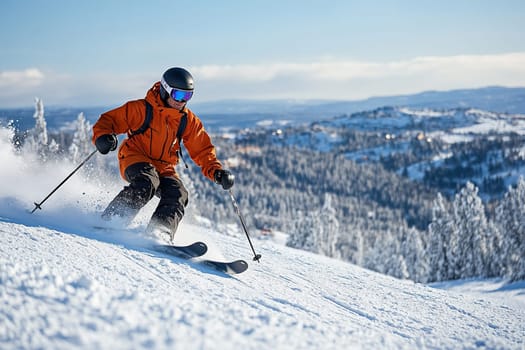 A skier in a ski suit descends from a mountain on a sunny winter day.