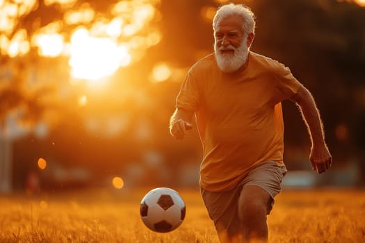 An elderly man with a gray beard plays soccer at sunset