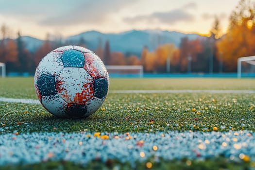 Close-up of a soccer ball on artificial turf of an outdoor soccer field.